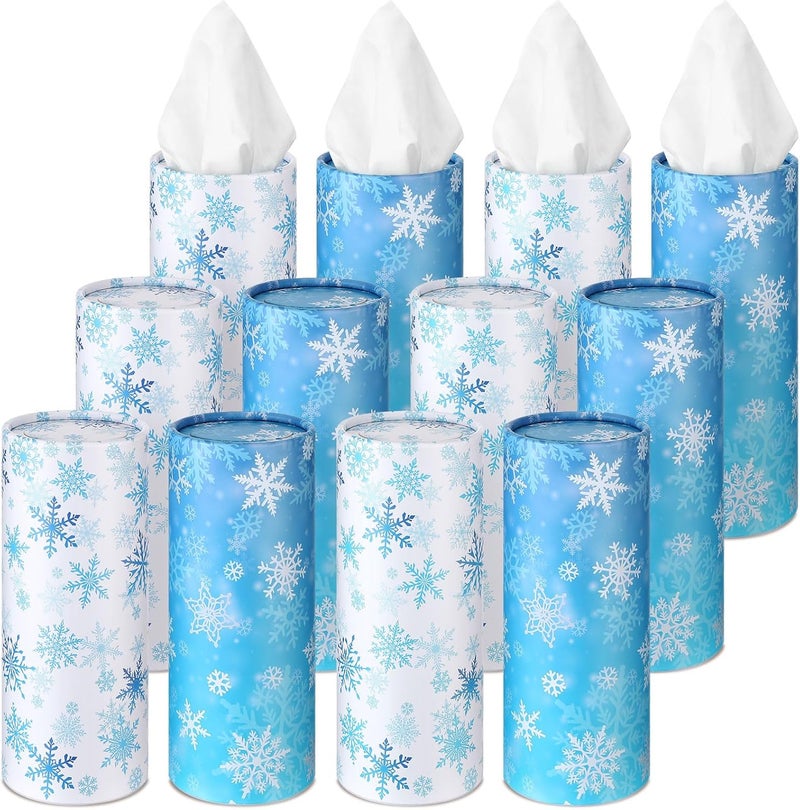 Fourluoo 12 Pack Winter Snowflake Tissue Boxes for Car Cylinder Bulk Blue and White Snowflake Round Cylinder Holder with 3 Ply Facial Tissues for Winter Travel Bathroom Office Accessories - Image 1